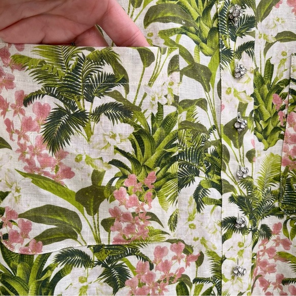 CAMI NYC Belkis Top in Tropics Print 100% Linen Green Pink Diamond Buttons XS - Picture 9 of 11